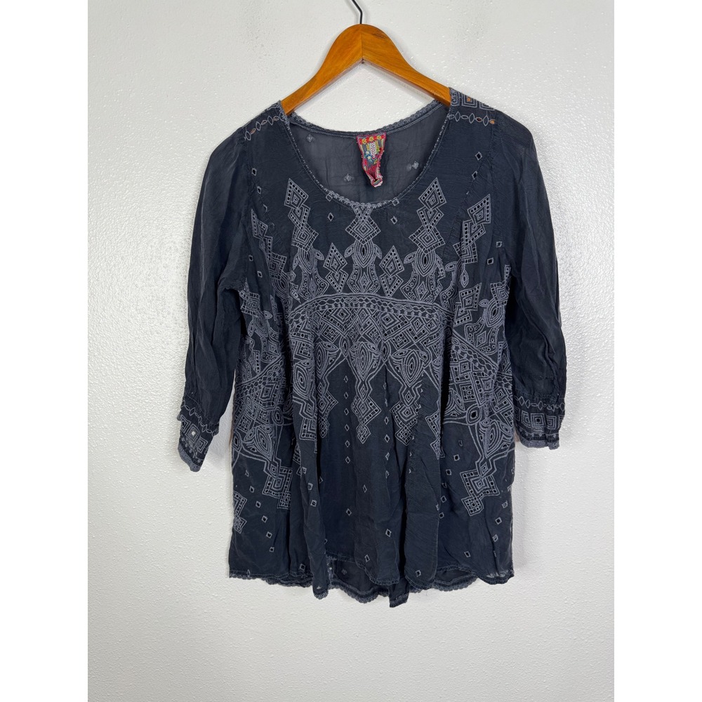 Johnny Was Black Embroidered Eyelet Tunic Blouse 3/4 Sleeve Rayon C85799 Small
